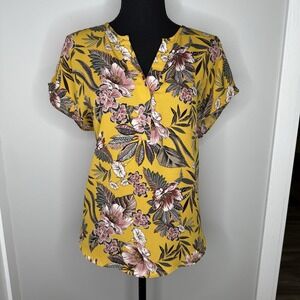 Rachel Roy Yellow Floral‎ Blouse Women's M Split Neck Tropical Short Sleeve